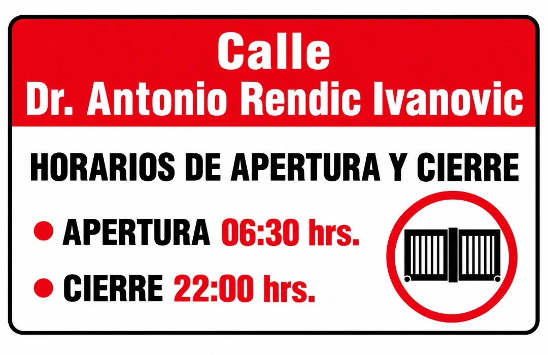 Diseño de Grafifoils: letrero rojo y blanco «Calle Dr. Antonio Rendic Ivanovic» con horarios de apertura 06:30 y cierre 22:00 del portón