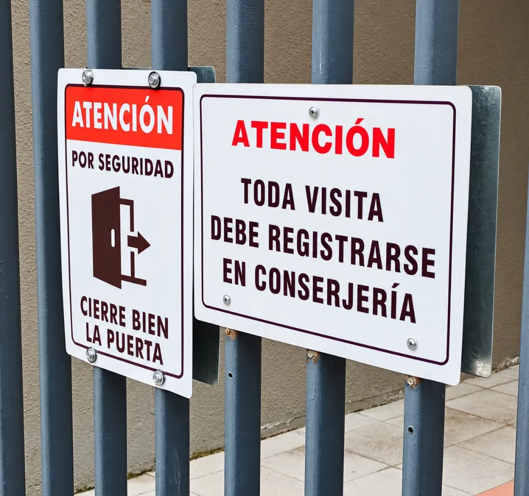 Letreros «Cierre bien la puerta» y «Toda visita debe registrarse en conserjería» en una reja
