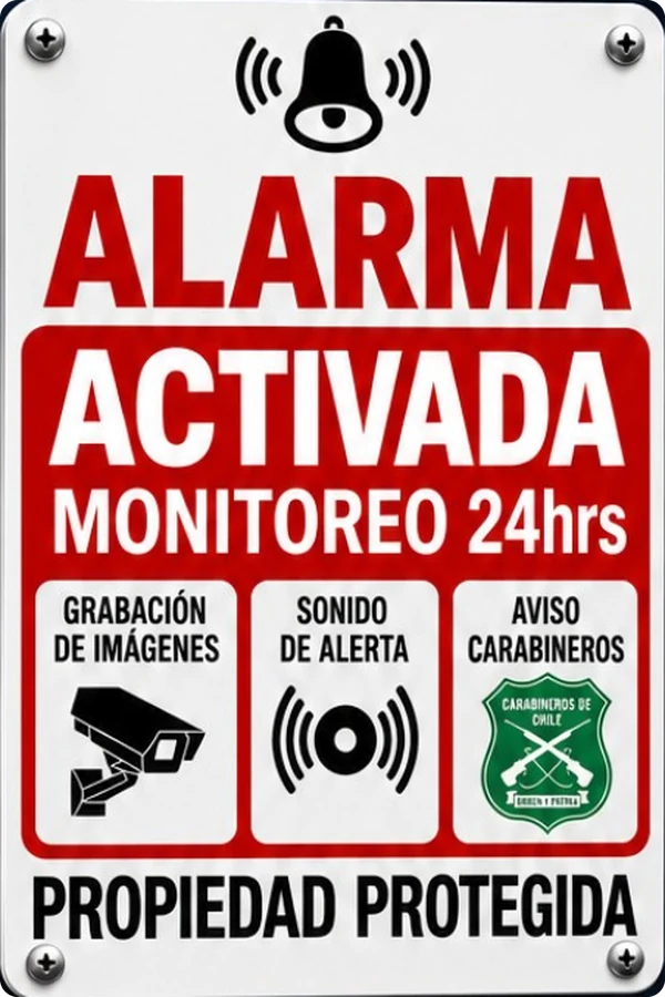 Letrero del pack de 20×30 cm: «Alarma activada, monitoreo 24 hrs», grabación de imágenes, sonido de alerta, aviso a Carabineros y «Propiedad protegida»