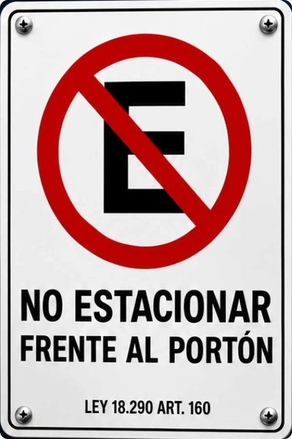 Letrero del pack de 20×30 cm: E de estacionamiento tachada en rojo y «No estacionar frente al portón, Ley 18.290 Art. 160»